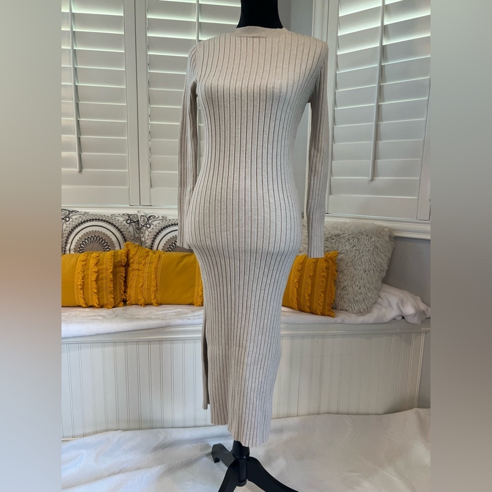Sam Edelman Rib-Knit Long Sleeve Sweater Dress - Cream